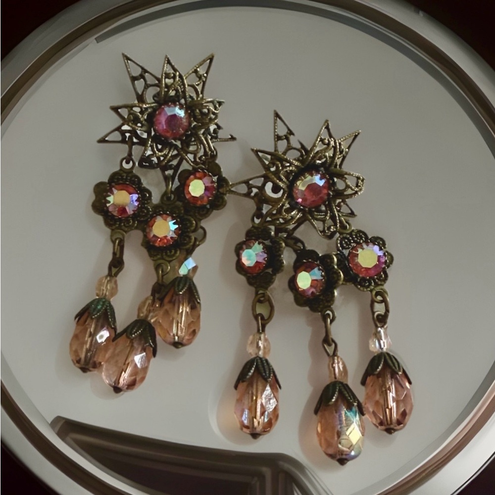 Vintage  Gold Pink Dangle Earrings Michal Negrin